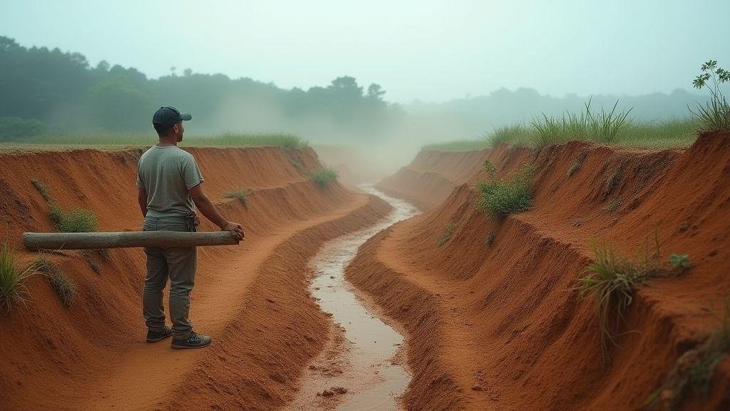 Erosão do solo causada por obras e compactação que afetam a infiltração