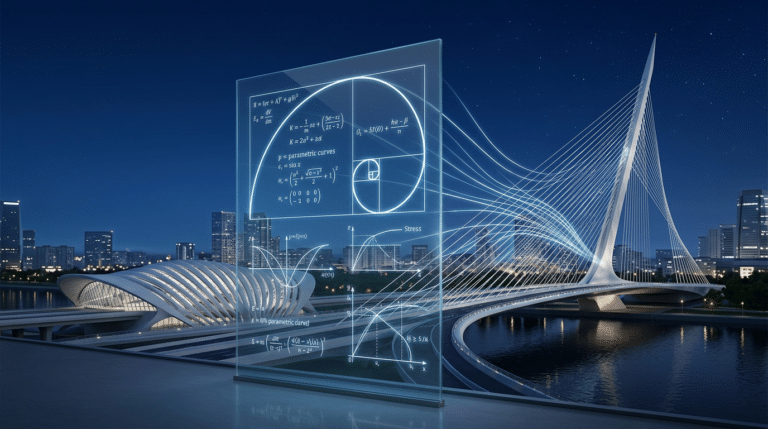 Equações matemáticas projetadas em um painel de vidro se transformando em uma ponte e estação futuristas, ilustrando como cálculos estruturais e proporção áurea dão forma a ícones arquitetônicos